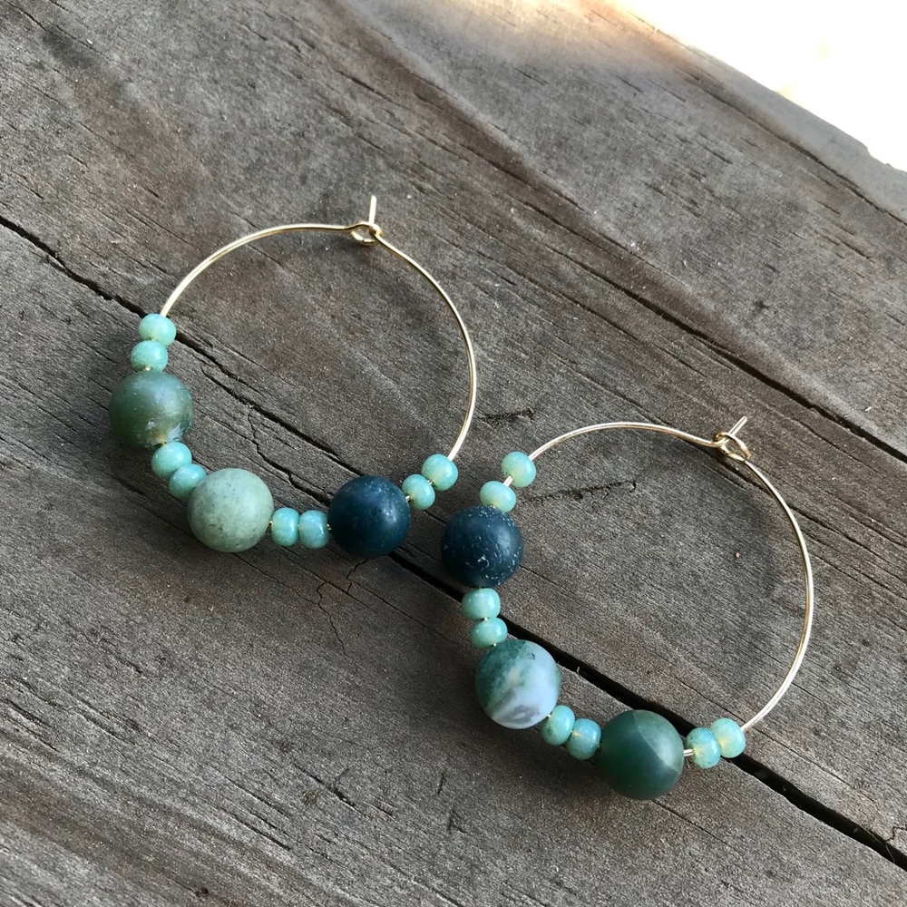 Matte Indian Agate Beaded Gold Plated Hoop Earring - Picture 2 of 8